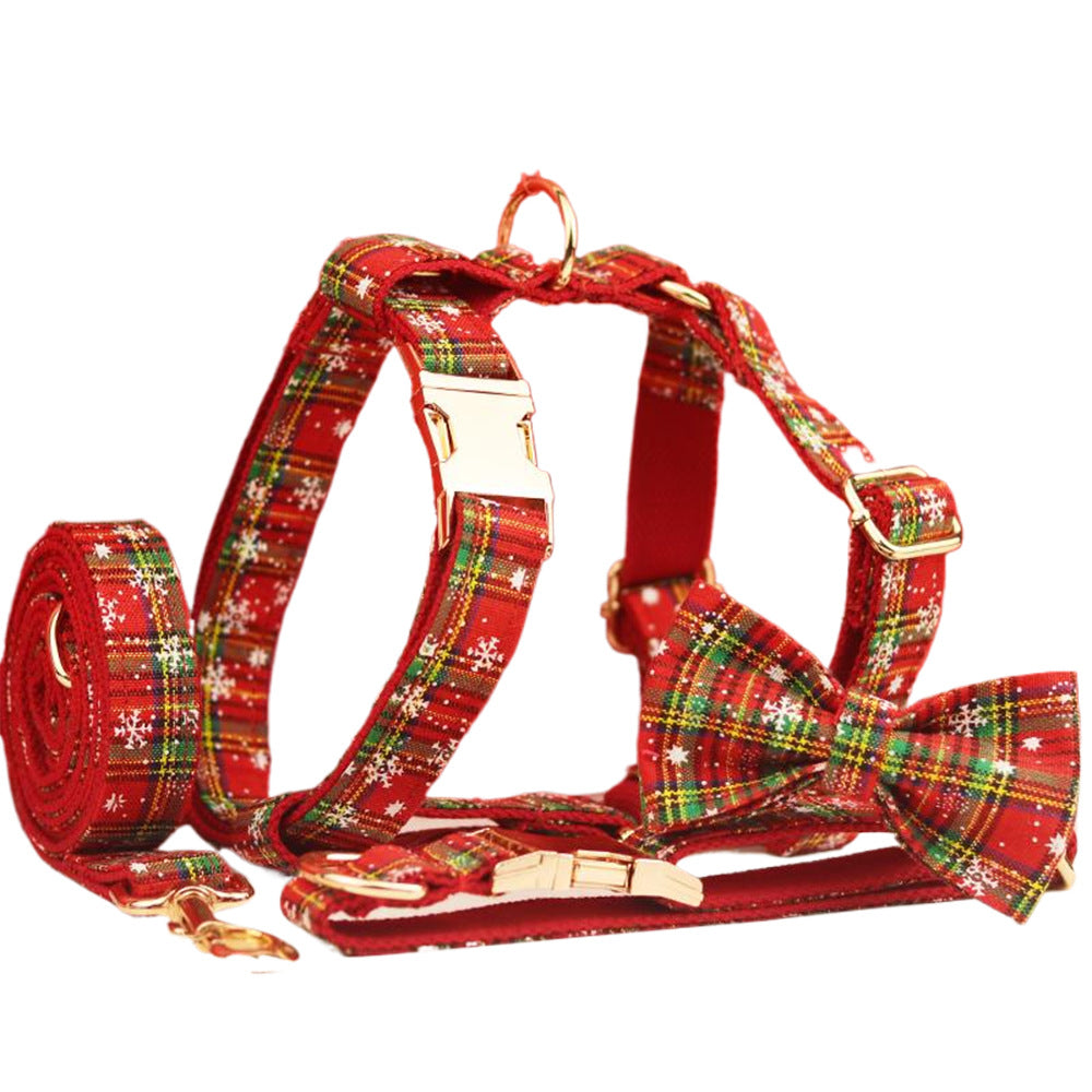 Christmas Pet Collar And Leash Set Plaid Bow Snowflake Design