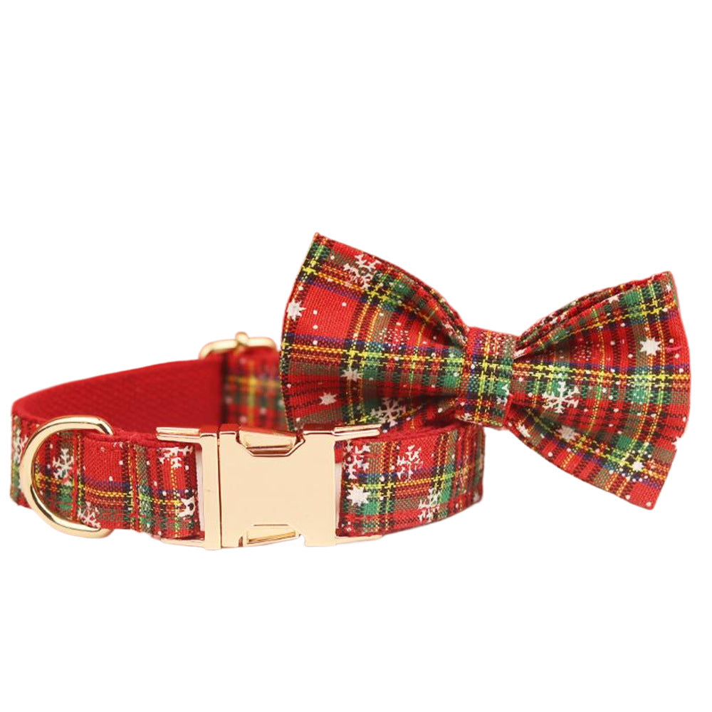 Christmas Pet Collar And Leash Set Plaid Bow Snowflake Design