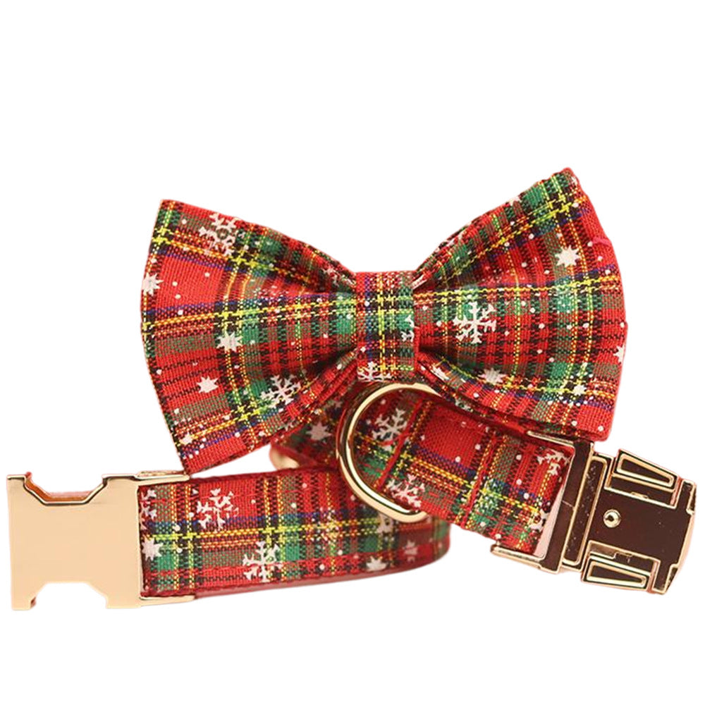 Christmas Pet Collar And Leash Set Plaid Bow Snowflake Design