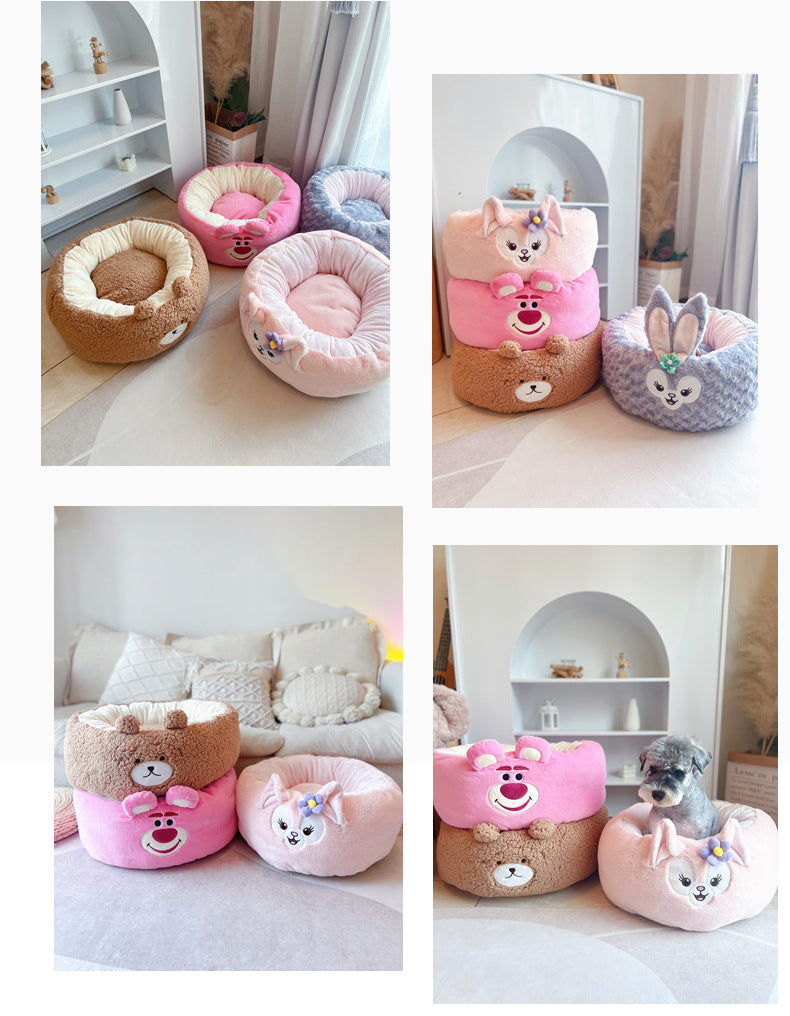 Cartoon Plush Pet Nest Cushion Round Bed Four Seasons Warm