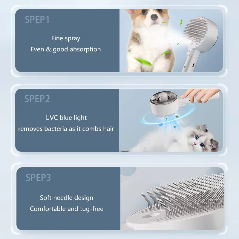 3 In 1 Electric Pet Steam Brush With Spray Massage Grooming Tool