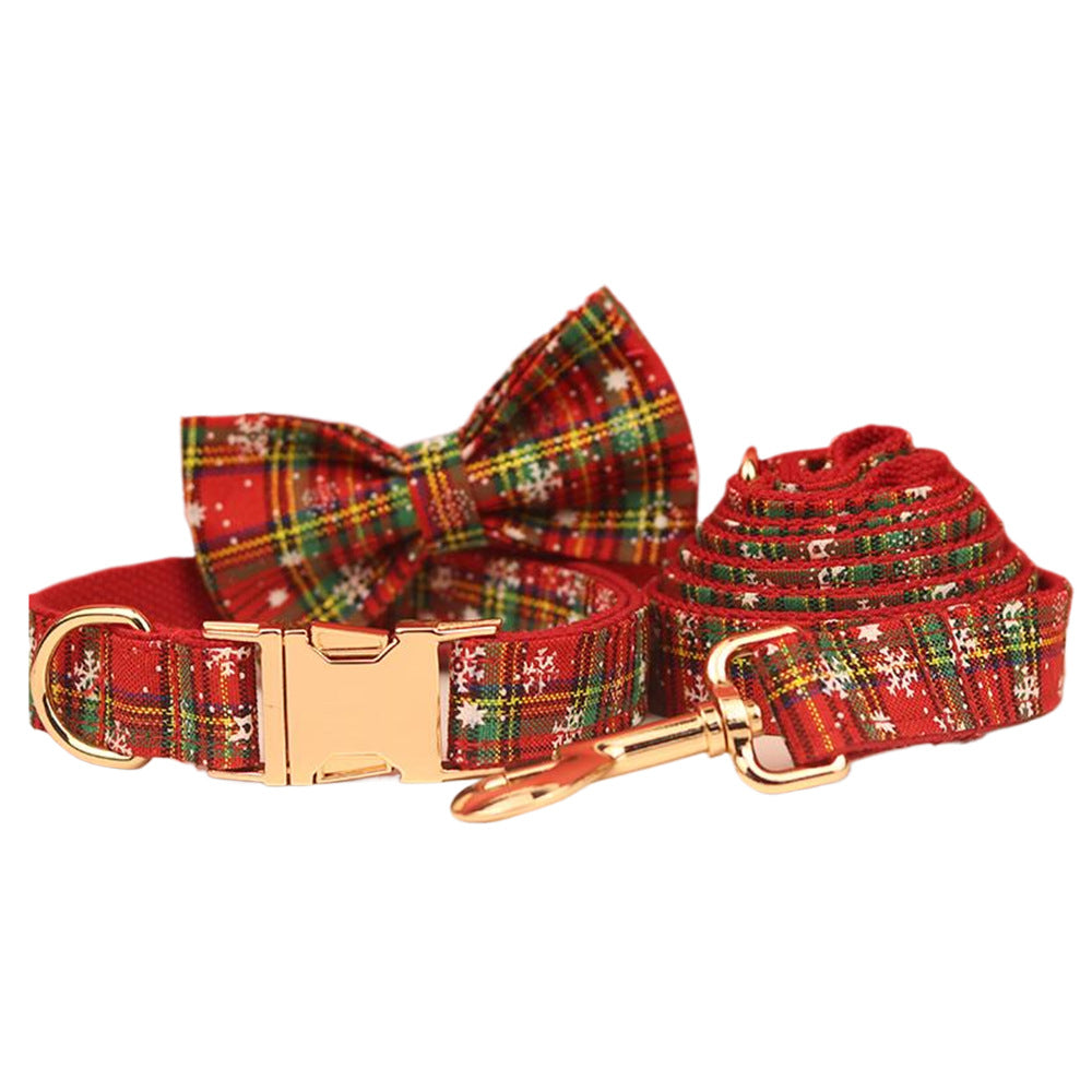 Christmas Pet Collar And Leash Set Plaid Bow Snowflake Design