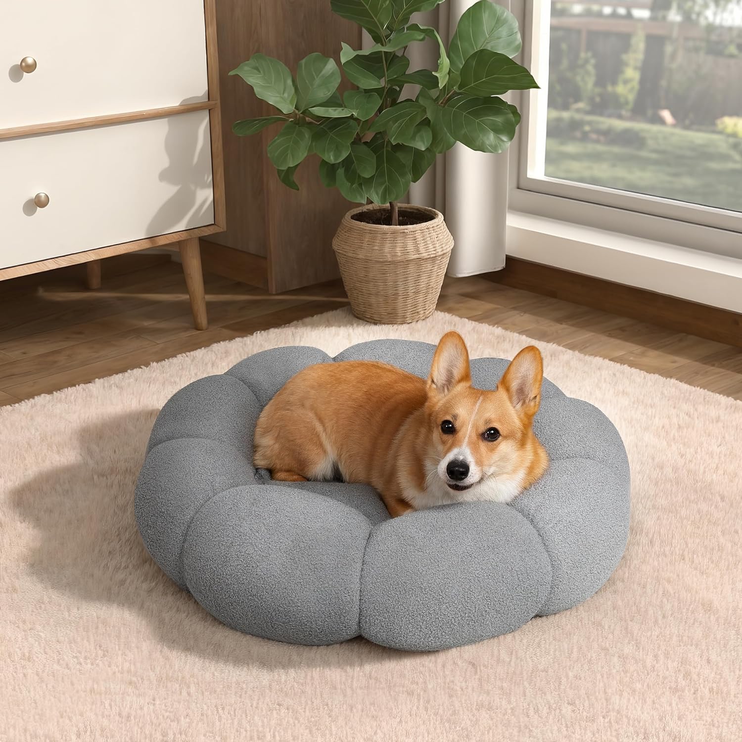 Calming Plush Pet Bed Fluffy Round Donut Non Slip Washable