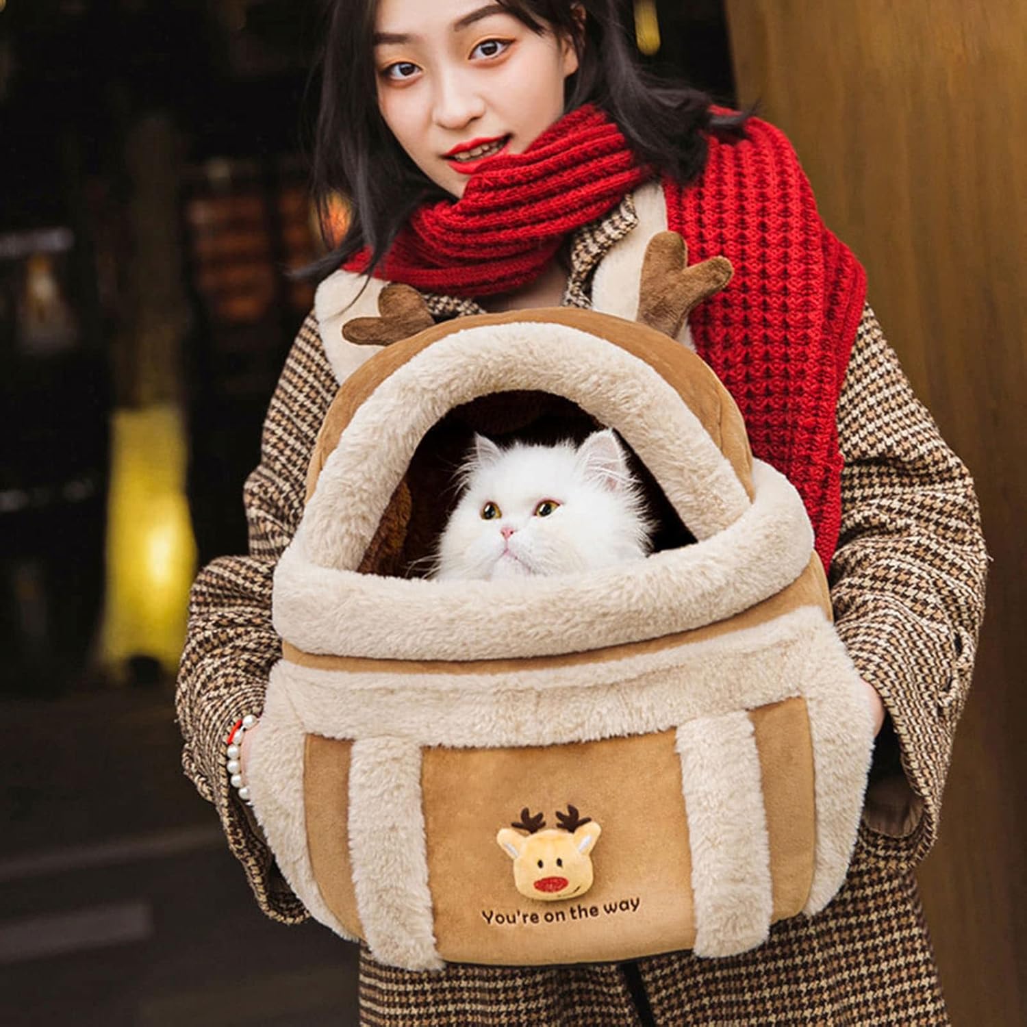 Plush Pet Carrier Backpack For Travel Winter Outdoor With Hand Warmers