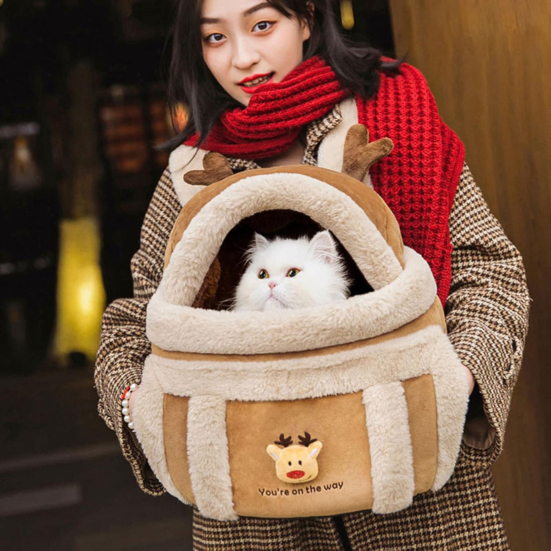 Plush Pet Carrier Backpack For Travel Winter Outdoor With Hand Warmers