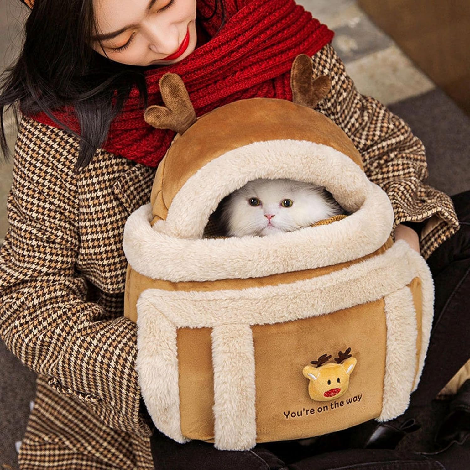 Plush Pet Carrier Backpack For Travel Winter Outdoor With Hand Warmers
