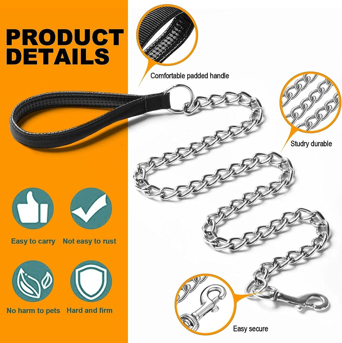 Heavy Duty Metal Pet Leash Chain With Padded Handle