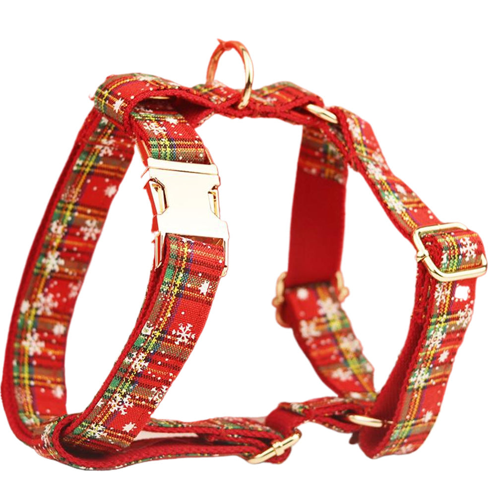 Christmas Pet Collar And Leash Set Plaid Bow Snowflake Design